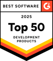 G2 award badge for top 50 development products in 2025